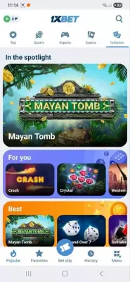 1xBet casino app interface with Mayan Tomb slot and popular online games